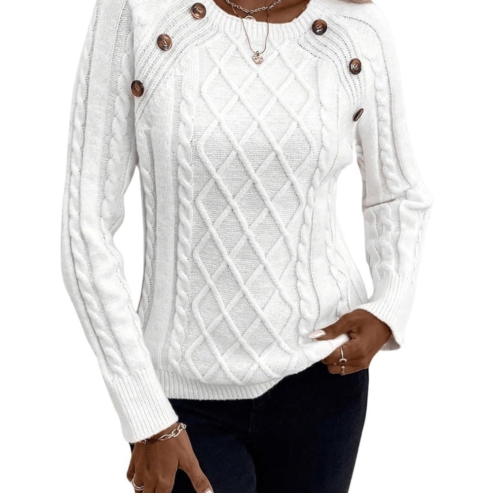 White Cable Knit Sweater with Button Accents